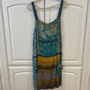 Anthropologie Teal and Yellow Patterned Dress